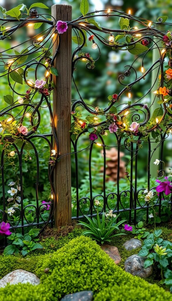 Lush, verdant fairy garden fencing composed of delicate wrought-iron vines and branches, adorned with whimsical floral garlands and twinkling fairy lights. Rustic wooden posts intertwined with cascading ivy and tiny blooms create a charming, enchanted boundary. Gentle, warm lighting filters through the garden, casting a magical glow on the intricate metalwork. Layers of vibrant, miniature plants and mossy stones fill the foreground, leading the eye deeper into the fantastical scene. A sense of tranquility and wonder permeates the space, inviting the viewer to step inside this captivating fairy realm.