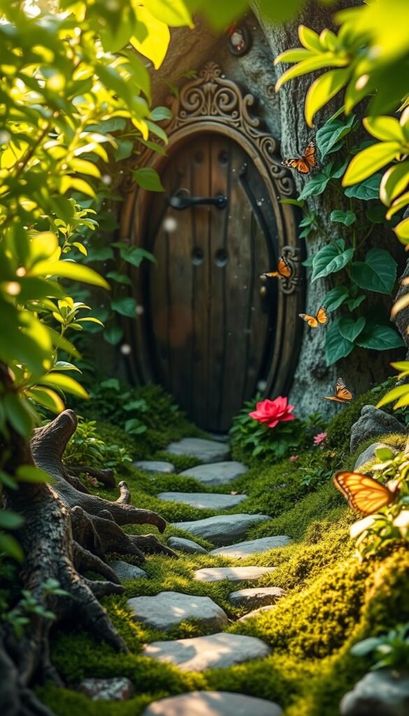 Lush, verdant fairy garden path winding towards an ornate wooden fairy door, partially obscured by vibrant, whimsical foliage. Soft, diffuse natural lighting casts a warm, enchanting glow across the scene. Delicate, shimmering fairy dust particles float in the air, adding a touch of magic. Gnarled tree roots and mossy stones line the path, creating a sense of aged, timeless charm. The fairy door itself is intricately carved, with intricate patterns and a miniature handle, inviting the viewer to step inside the fairy realm. Butterflies and other woodland creatures flutter nearby, completing the serene, mystical ambiance.