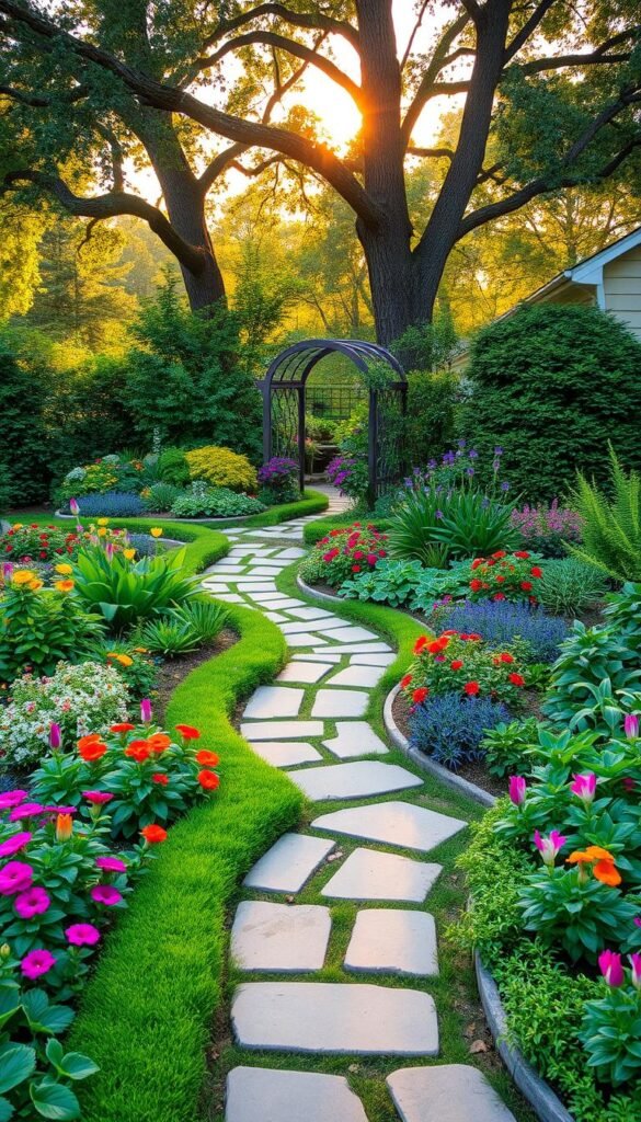 Lush, verdant front yard garden with carefully planned beds and borders. Vibrant annuals, perennials, and edible plants create an ornamental yet functional landscape. Winding stone pathways meander through the scene, inviting exploration. Warm, golden afternoon light filters through towering trees, casting soft shadows across the well-tended beds. A decorative garden arbor frames the entrance, hinting at the delights within. The overall impression is one of harmony, showcasing the perfect balance of form and function in an inviting, visually captivating front yard design.