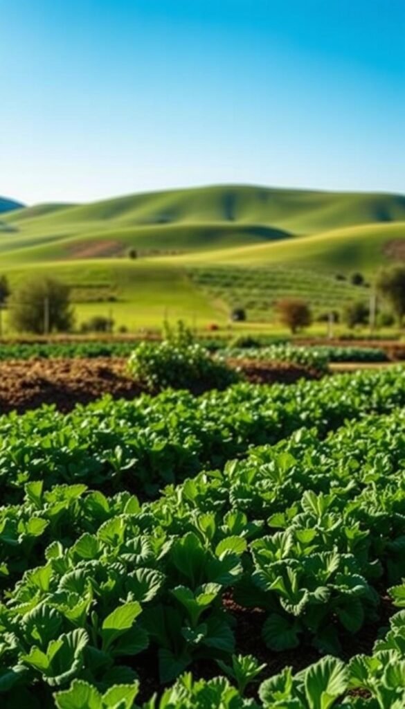 Lush, verdant garden beds in a serene, sunlit landscape. In the foreground, crops rotate in a harmonious pattern, nourishing the soil. Gently rolling hills in the middle ground, with a clear blue sky above. Soft, diffused lighting illuminates the scene, creating a sense of balance and tranquility. The overall atmosphere conveys the benefits of a well-planned rotational schedule, promoting soil health and a thriving, stress-free garden.