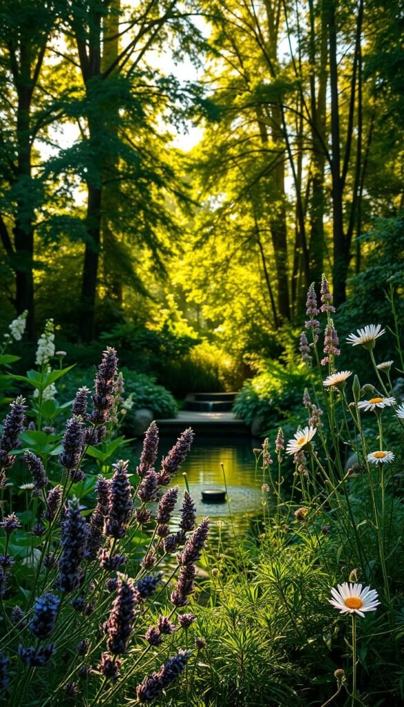 Lush, verdant garden sanctuary filled with soothing, therapeutic plants. In the foreground, a mix of calming herbs and flowers such as lavender, chamomile, and yarrow sway gently in a soft breeze. The middle ground features a serene water feature, its calming sounds inviting relaxation. Shafts of warm, golden light filter through the canopy of tall, verdant trees in the background, creating a tranquil atmosphere. The overall scene evokes a sense of peace, harmony, and respite from the stresses of daily life.