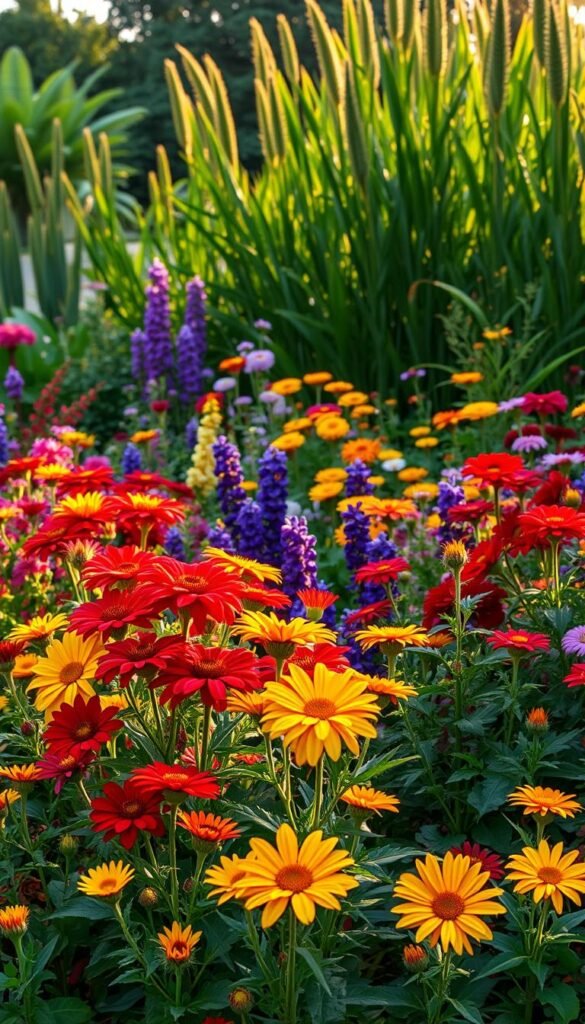 Lush, verdant garden with vibrant blooms in a harmonious color palette. Soft, warm lighting casts a tranquil glow, highlighting the interplay of hues. In the foreground, a vibrant mix of flowers in rich reds, deep purples, and sunny yellows create a captivating focal point. The middle ground features a diverse array of blooms in complementary shades, seamlessly blending into the background. Tall, stately plants frame the scene, creating a sense of depth and balance. The overall composition conveys the powerful impact of color in garden design, evoking a sense of calm, beauty, and emotional resonance.