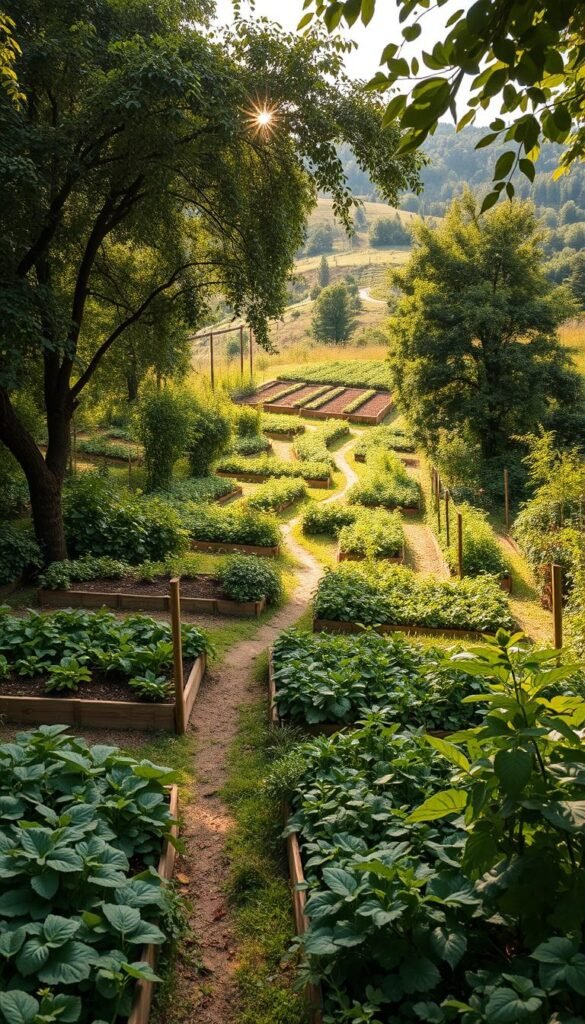 Lush, verdant landscape showcasing a meticulously designed food forest layout. In the foreground, an intricate network of raised beds and swales, each hosting a diverse array of edible plants, herbs, and fruit trees. The middle ground reveals a meandering path winding through the verdant canopy, dappled sunlight filtering through the leaves. In the background, a rolling hillside dotted with additional plantings, creating a harmonious, self-sustaining ecosystem. The scene is bathed in warm, golden lighting, capturing the essence of a thriving, productive permaculture system. Captured with a wide-angle lens to convey the scale and interconnectedness of the design.