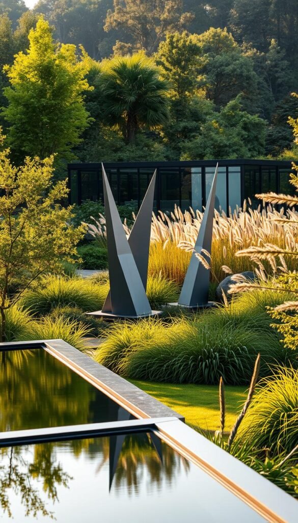 Lush, verdant landscape with striking architectural elements. In the foreground, a sleek, minimalist water feature reflecting the surroundings. Towering angular sculptures in muted tones punctuate the middle ground, casting dramatic shadows. In the background, a striking modern glass and steel pavilion nestled among tall, swaying grasses. Warm, golden afternoon light filters through, creating a sense of tranquility and sophistication. A harmonious blend of natural and man-made forms, exuding a contemporary, high-design aesthetic.
