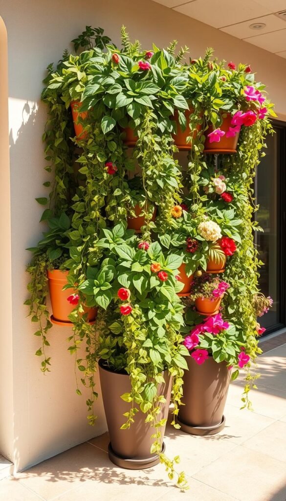 Lush vertical container garden, featuring an array of cascading vines, leafy greens, and vibrant flowers. The containers are arranged in a visually striking, tiered formation, creating a sense of depth and dimension. Warm, natural lighting bathes the scene, casting gentle shadows and highlights the textural details of the plants. The overall composition evokes a sense of tranquility and natural harmony, perfectly complementing the outdoor setting. A clean, minimalist background allows the focal point of the verdant containers to take center stage, showcasing their potential to transform small spaces into lush, verdant oases.