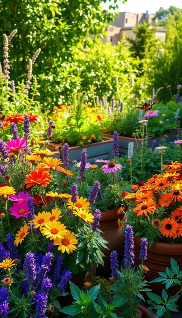 Lush, vibrant pollinator container gardens in a sun-dappled outdoor setting. In the foreground, a collection of diverse pots and planters overflowing with colorful, nectar-rich flowers like cosmos, lavender, and coneflowers. Bees and butterflies flit amongst the blooms, pollinating the plants. In the middle ground, small raised garden beds with additional pollinator-friendly plants, creating a layered, abundant composition. The background features a natural backdrop of verdant foliage, suggesting a cozy, peaceful urban or suburban oasis. Warm, soft lighting bathes the scene, lending a serene, welcoming atmosphere. The overall impression is one of a thriving, inviting DIY pollinator garden, designed to attract and support a diverse array of beneficial insects.