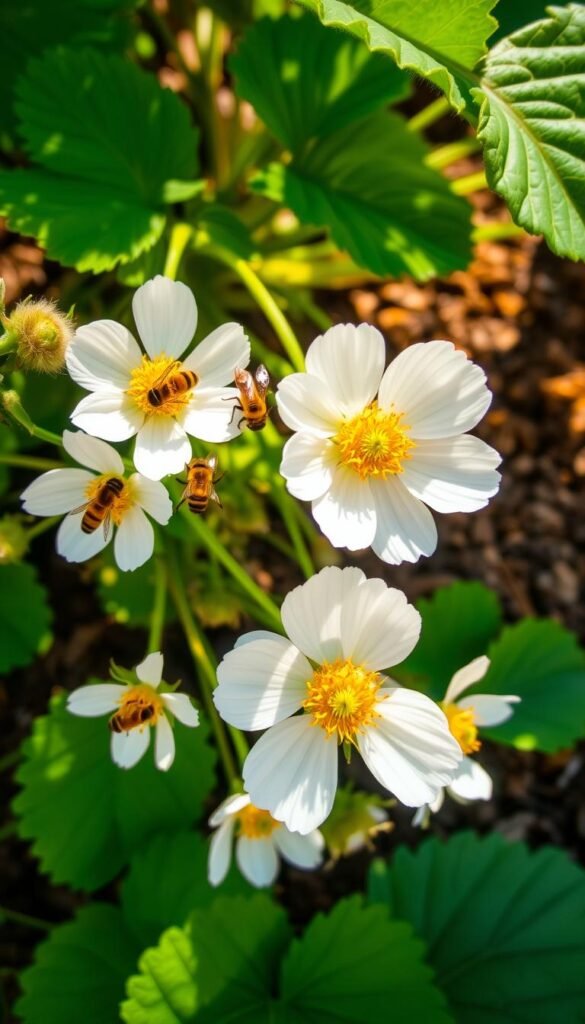 Lush, vibrant strawberry blossoms in the foreground, delicate white petals framing a golden center. Buzzing honeybees dart amongst the flowers, their fuzzy bodies dusted with pollen. Sunlight dapples through the leaves, casting a warm, natural glow. In the background, rich, earthy soil nourishes the plant's roots. A serene, pastoral scene that celebrates the symbiotic relationship between strawberries and their pollinators. Captured with a shallow depth of field, drawing the viewer's eye to the captivating floral details. The overall mood is one of harmony, vitality, and the beauty inherent in an organic, thriving garden.