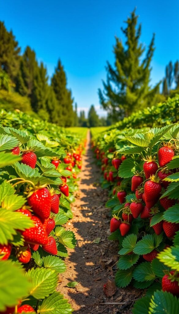 Lush, vibrant strawberry plants thriving in a warm, sun-dappled garden. The foreground features rows of healthy, verdant foliage dotted with plump, juicy red berries, glistening with morning dew. The middle ground showcases a winding path leading deeper into the garden, framed by flourishing strawberry plants and complemented by the soft, natural light. In the background, a verdant backdrop of towering trees and a clear, azure sky create a serene, idyllic setting, evoking a sense of peaceful tranquility. Captured with a wide-angle lens to showcase the full scope of the thriving strawberry oasis, the image conveys the beauty and abundance of a well-tended, flourishing strawberry garden.