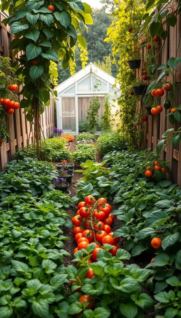 Lush, vibrant vegetable varieties nestled in a neatly organized, space-efficient garden layout. The foreground showcases a variety of compact, high-yielding crops like dwarf tomatoes, bush beans, and leafy greens arranged in tight rows. The middle ground features a mix of vertically trained vines and trellised plants, maximizing the use of vertical space. In the background, a small greenhouse or cold frame structures provide protection and extend the growing season. Warm, natural lighting casts a gentle glow, highlighting the verdant foliage and the overall sense of productivity and harmony within the confined garden space.