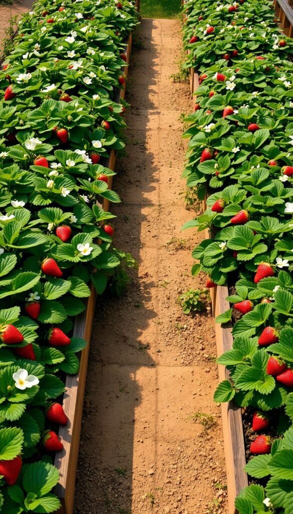 Lush, well-organized strawberry garden layout with neatly arranged raised beds and pathways. Vibrant green foliage with delicate white blossoms and clusters of ripe, juicy red strawberries dotting the scene. Warm, diffused natural lighting casts a soft glow over the idyllic setting. Wooden planters line the perimeter, complementing the earthy, organic feel. The layout is designed for optimal growing conditions, with ample space between beds for easy maintenance. A sense of tranquility and abundance pervades the scene, inviting the viewer to envision the joys of harvesting fresh, homegrown strawberries.