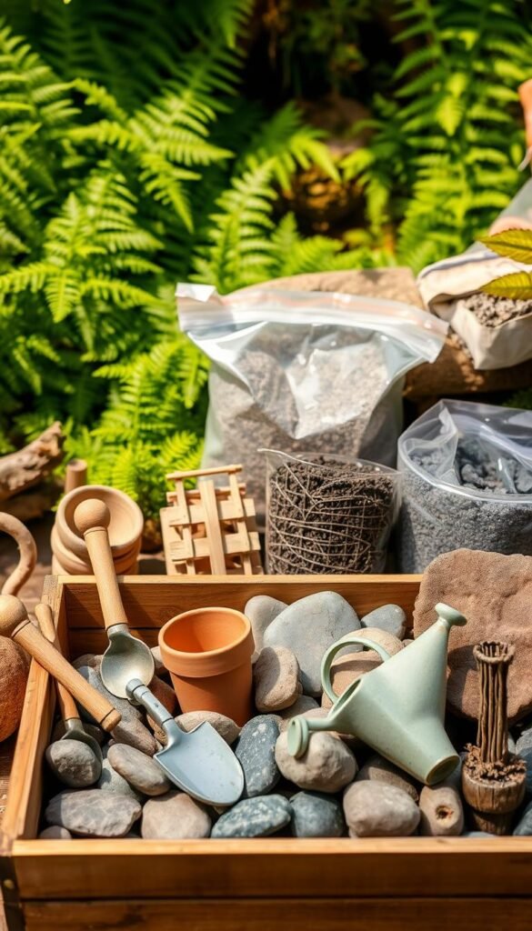 Meticulously arranged fairy garden tools and materials in a warm, natural light. A wooden crate holds delicate clay pots, miniature shovels, and a watering can in the foreground. In the middle ground, smooth river stones, miniature plant trellises, and bags of soil and mulch are carefully positioned. The background features a lush, green backdrop of verdant ferns and mossy logs, creating a serene, enchanted atmosphere.
