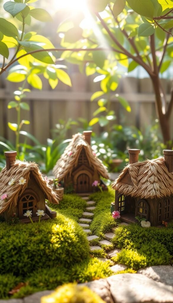 Miniature fairy houses nestled in a lush, verdant backyard. Charming thatched-roof cottages adorned with delicate blooms, mossy pathways leading to enchanting abodes. Sunlight filters through a canopy of leaves, casting a warm, whimsical glow. Intricate details like tiny windows, miniature chimneys, and decorative trellises bring these diminutive dwellings to life. A sense of magic and wonder permeates the scene, inviting the viewer to imagine the tiny fairy folk who might call these enchanting homes their own.