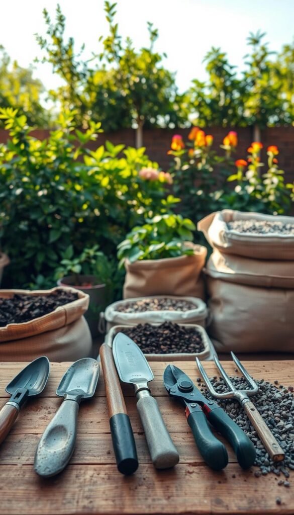 Neatly arranged landscaping tools and materials in a warm, natural setting. In the foreground, a variety of hand tools including trowels, pruners, and a gardening fork sit atop a wooden workbench. In the middle ground, bags of soil, mulch, and gravel create a textured backdrop. The background features a lush, verdant garden with flourishing plants and a clear blue sky overhead, illuminated by soft, diffused lighting. The composition evokes a sense of organization, preparedness, and the joy of DIY gardening projects.