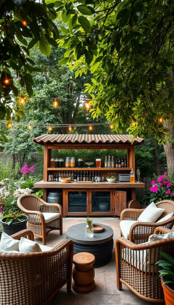 Outdoor bar setup in a lush, verdant backyard. Rustic wood and metal bar with a variety of beer taps, glasses, and bottles. Hanging string lights cast a warm, inviting glow over the scene. In the middle ground, a collection of cozy lounge furniture - wicker chairs, plush cushions, and a low coffee table. Surrounding the bar, a flourishing garden with blooming flowers and leafy trees, creating a natural, serene ambiance. A wide-angle lens captures the entire setup, emphasizing the integration of the bar with the picturesque outdoor environment. The overall mood is relaxed, casual, and perfect for an unforgettable backyard beer garden experience.
