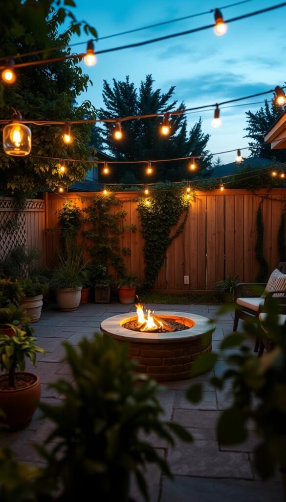Outdoor patio at dusk, string lights casting a warm, inviting glow across the scene. Potted plants and lush greenery create a cozy, intimate ambience. Soft, diffused lighting illuminates the stone pavers, while a stylish fire pit in the middle ground provides a captivating focal point. In the background, a wooden fence with climbing vines frames the tranquil setting. The overall mood is one of relaxation and comfortable outdoor living, perfect for a serene evening al fresco.