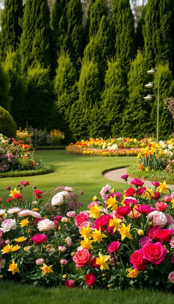 Prompt A lush, cohesive garden design showcasing a harmonious blend of vibrant flora. In the foreground, a well-manicured lawn dotted with a variety of colorful blooms, including roses, peonies, and daffodils. The middle ground features a neatly arranged flower bed, with a meandering path guiding the viewer's eye. In the background, a row of tall, verdant shrubs and trees create a natural backdrop, casting a warm, soft light across the scene. The overall composition evokes a sense of tranquility and balance, inviting the viewer to immerse themselves in the serene, well-planned garden.