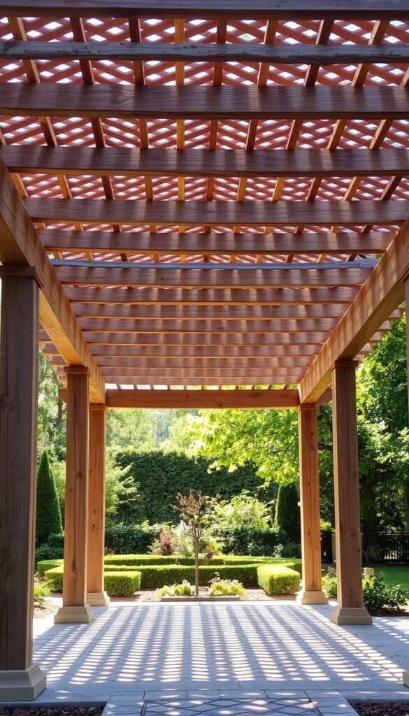 Prompt A picturesque pergola structure with an open, intricate lattice design, casting a warm, dappled light across a lush, manicured garden. The structure is crafted from weathered, natural wood, with clean, geometric lines that create a sense of order and balance. The lattice overhead allows for the perfect amount of shade and ambiance, inviting visitors to linger and enjoy the peaceful, serene atmosphere. Soft, directional lighting from above highlights the thoughtful design, creating a welcoming and visually appealing focal point within the garden landscape.