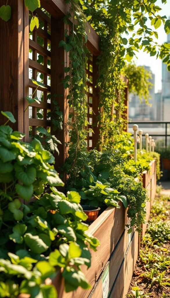 Raised bed garden benefits: a lush, verdant oasis in a sun-dappled urban setting. In the foreground, a bountiful harvest of vibrant vegetables and fragrant herbs spill over the wooden slats. In the middle ground, leafy green foliage and trailing vines create a sense of abundance and fertility. The background features a serene, blurred cityscape, hinting at the tranquil escape the garden provides. Warm, golden lighting filters through the scene, casting a soft, inviting glow. Captured with a wide-angle lens to accentuate the depth and scale of the thriving raised beds. This image conveys the joy, productivity, and restorative power of urban gardening in elevated planting beds.