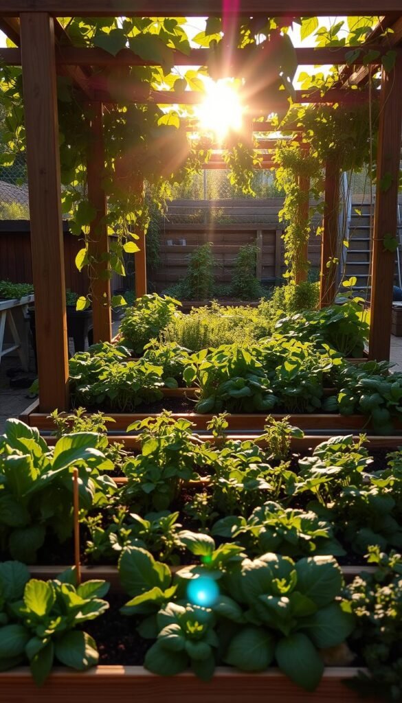 Raised bed garden sunlight layout, vibrant greenery basking in warm afternoon light. A neatly arranged layout with various vegetables and herbs, their lush foliage casting gentle shadows across the wooden planters. The sun's rays filter through a canopy of leafy plants, creating a serene and inviting atmosphere. Wooden trellises support trailing vines, their tendrils reaching towards the sky. The overall composition emphasizes the harmonious balance between cultivation and natural illumination, showcasing an urban oasis of productivity and tranquility.