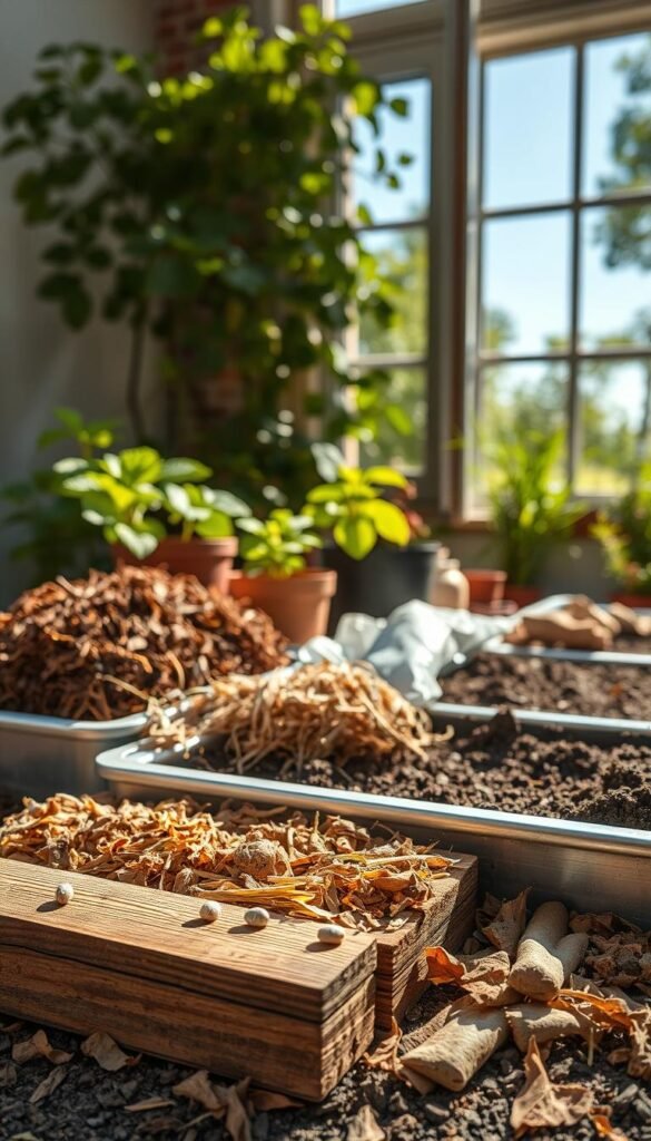 Raised bed materials in a well-lit, detailed still life composition. Wooden planks, galvanized steel edging, and a variety of natural mulching materials such as bark chips, straw, and dried leaves in the foreground. Potting soil, organic compost, and other gardening supplies arranged neatly in the middle ground. A lush, verdant backdrop of leafy plants and a clear blue sky visible through an open window. Warm, natural lighting illuminates the scene, casting soft shadows. Captured with a high-resolution digital camera using a shallow depth of field to emphasize the textural details.