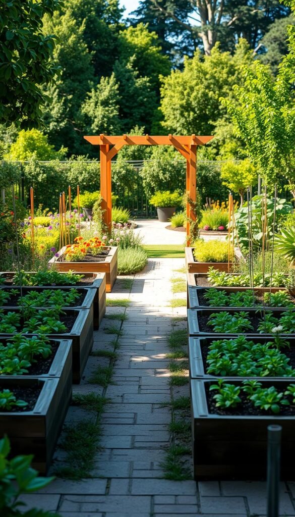 Raised garden beds in a lush, accessible outdoor setting. A well-designed foreground showcases neat rows of elevated planting beds, their surfaces at a comfortable height for wheelchair users and the mobility-impaired. Surrounding the beds, a middle ground of paved pathways winds through a verdant landscape of flowering plants and neatly trimmed greenery. In the background, a wooden pergola casts warm, gentle shadows, creating an inviting atmosphere. The scene is bathed in soft, diffused natural lighting, highlighting the textures and colors of the garden elements. The overall composition emphasizes inclusivity, functionality, and the serene beauty of an accessible, therapeutic outdoor space.