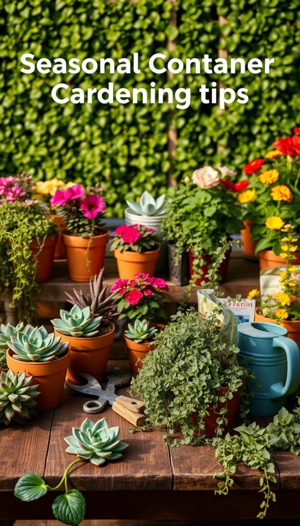 Seasonal container gardening tips: A vibrant still life of potted plants, tools, and seasonal decor. A wooden table in the foreground displays an array of succulents, trailing vines, and colorful annuals in terracotta pots. In the middle ground, a gardening trowel, pruners, and seed packets rest beside a watering can. The background features a lush, verdant backdrop, perhaps a garden wall or trellis, creating a cozy, inviting atmosphere. Warm, soft lighting illuminates the scene, casting gentle shadows and highlighting the textures of the natural elements. The overall mood is one of productivity, tranquility, and the joy of tending to a thriving container garden.