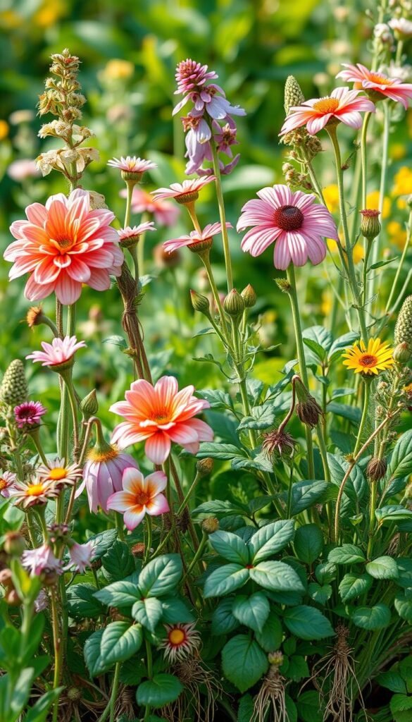 Seasonal plant selection guide - a lush, botanically accurate illustration showcasing a diverse array of flowering plants and foliage in their natural seasonal habitats. Detailed foreground depicts vibrant blooms, textured leaves, and intricate root systems against a softly blurred background of verdant greenery. Gentle natural lighting casts warm tones, highlighting the organic textures and vibrant colors. Composition emphasizes the harmony and cyclical nature of seasonal plant growth. Angles and perspectives provide a comprehensive, informative view while maintaining an artistic, inviting aesthetic. The overall mood is one of serene, botanical abundance - a visually captivating guide to year-round backyard flourishing.