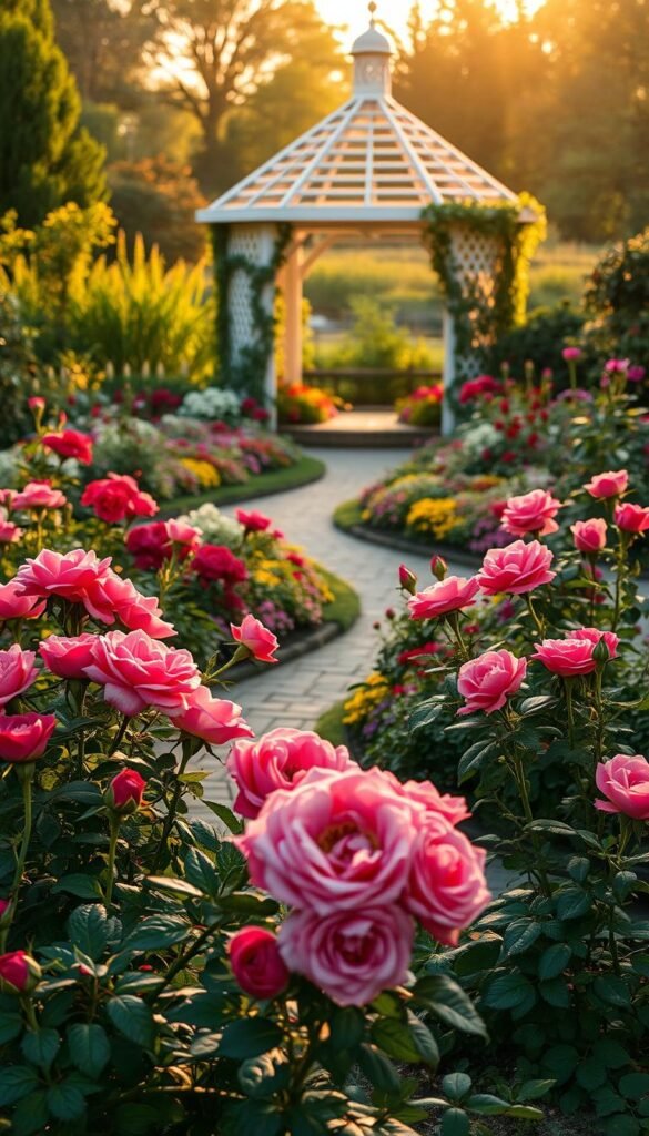 Seasonal planting with roses: a vibrant garden scene captured in warm, golden afternoon light. In the foreground, a lush bed of blooming rose bushes in full splendor, their velvety petals radiant against a backdrop of verdant foliage. Winding pathways lead the eye through the middle ground, where carefully curated annuals and perennials in complementary colors add bursts of seasonal interest. In the distance, a shimmering garden gazebo frames the scene, its latticed structure draped with cascading vines. The overall composition conveys a sense of harmony and tranquility, inviting the viewer to step into this idyllic horticultural tapestry.