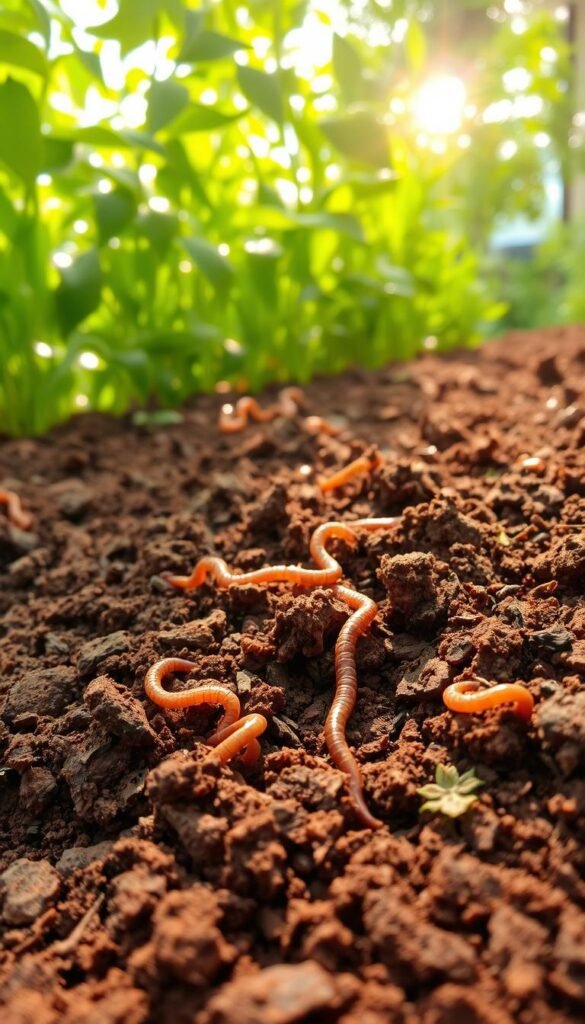 Soil health assessment: A close-up view of rich, fertile soil with visible organic matter, earthworms, and microorganisms thriving in a lush, verdant setting. The soil texture is crumbly and dark, indicating high nutrient content. Sunlight filters through a canopy of lush greenery, casting a warm, natural glow on the scene. The image conveys the vitality and productivity of a healthy, well-balanced ecosystem, ideal for an urban patio garden.