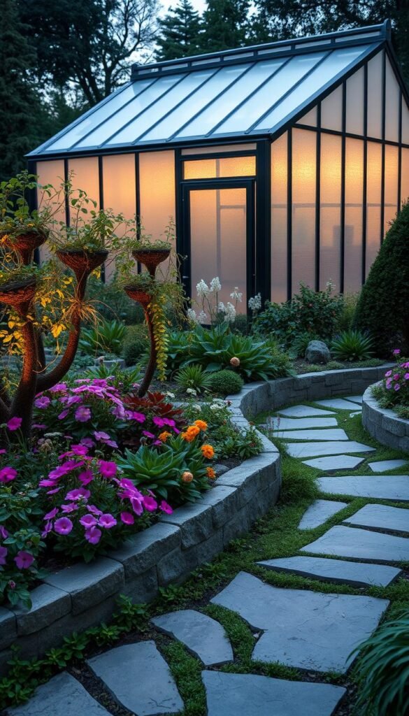 Transforming odd-shaped gardens with whimsical features: a lush, irregularly shaped plot with vibrant flowers cascading over curved garden beds, complemented by a winding stone path that meanders through the space. Soft, diffused lighting casts a warm glow, highlighting the unique textures and shapes of the plants. In the background, a striking, asymmetrical greenhouse structure made of frosted glass panels and sleek metal frames provides a modern contrast. The overall atmosphere conveys a sense of enchantment and boundless creativity, inviting the viewer to imagine the boundless possibilities of embracing unconventional garden design.