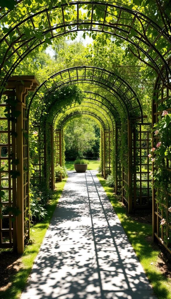 Verdant garden trellis designs, adorned with cascading vines and blooming flowers, casting captivating shadows upon a sun-dappled pathway. Delicate lattice structures in weathered wood or ornate metal, intricately woven to support the lush, climbing foliage. Diverse shapes and styles, from classic arches to modern geometric frames, seamlessly blending into the natural landscape. Dappled light filters through the leafy canopy, creating a serene, enchanting atmosphere. Angle the camera to capture the interplay of light and shadow, highlighting the intricate details and the harmonious integration of the trellis within the garden oasis.