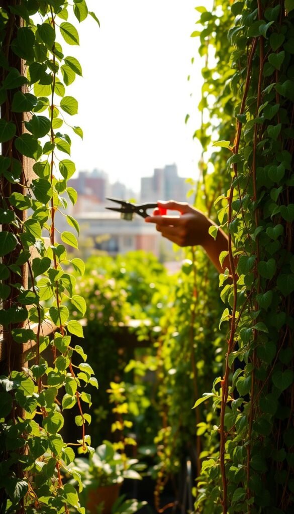 Vertical garden, lush and thriving, bathed in soft natural light. Foreground showcases vibrant, well-tended plants cascading down a trellis, their leaves glistening with water droplets. Middle ground features a gardener carefully pruning and tending to the plants, their movements graceful and intentional. Background depicts a serene urban setting, with buildings and a clear sky in the distance, emphasizing the integration of nature and architecture. Lens focused to highlight the intricate details of the plants and the gardener's hands, creating a sense of intimacy and connection. Warm, earthy tones and a gentle, calming atmosphere evoke a peaceful, nurturing environment for effective vertical garden care.