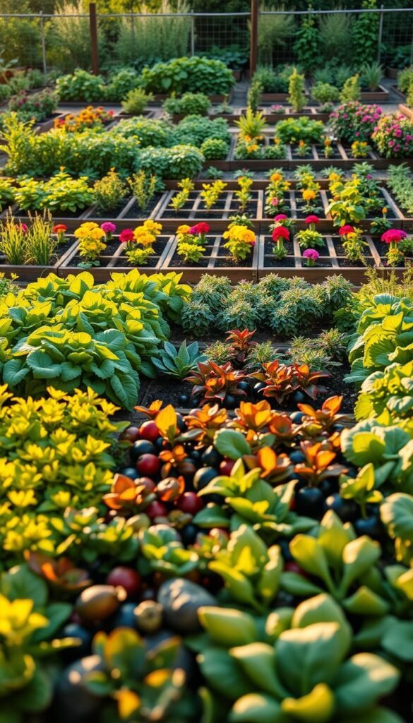 Vibrant garden planner layout showcasing a harmonious arrangement of seasonal vegetables, herbs, and companion plants. In the foreground, lush rows of thriving produce in a naturalistic, organic composition. The middle ground features ornamental borders with colorful flowering plants, creating visual interest and natural pest deterrents. In the background, a neatly structured grid of raised garden beds, with thoughtful placement of compatible crops for maximum yield. Warm, soft lighting illuminates the scene, casting gentle shadows and highlighting the verdant foliage. The overall atmosphere evokes a sense of productivity, tranquility, and a thriving, self-sustaining ecosystem.