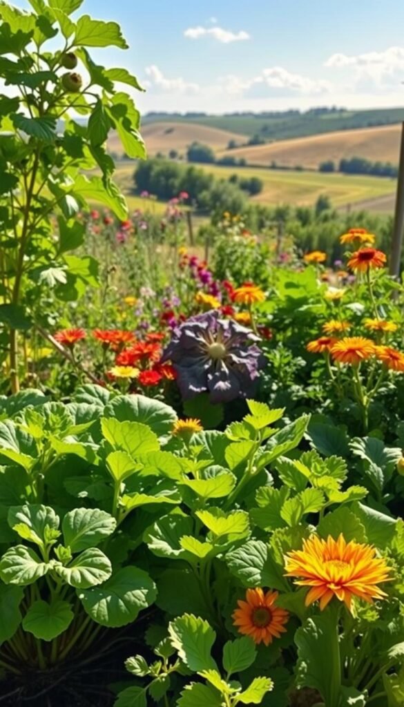 Vibrant garden scene showcasing the harmonious benefits of companion planting. In the foreground, lush vegetable plants thrive together, their leaves and stems intertwined in a tapestry of verdant hues. Midground features a variety of complementary flowers, their petals bursting with color and drawing in pollinating insects. In the background, a sun-dappled landscape with rolling hills and a clear sky, creating a serene, natural atmosphere. Lighting is soft and warm, highlighting the textures and vibrancy of the plants. Wide-angle lens captures the full breadth of this collaborative, flourishing ecosystem. An inviting, inspiring scene that celebrates the beauty and abundance of a balanced, companion-planted veggie garden.