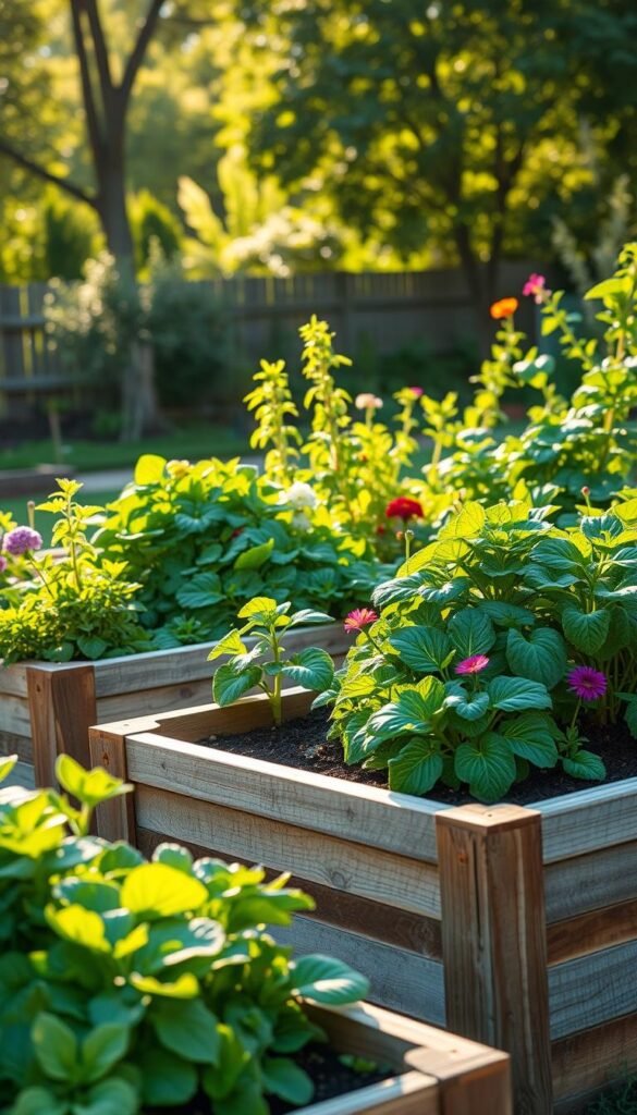 Vibrant raised garden beds filled with lush, thriving plants set against a backdrop of a tranquil, sun-dappled backyard. The beds are made of sturdy, weathered wood, their edges neatly defined. Leafy green vegetables and colorful flowers cascade over the sides, creating a visually appealing and bountiful scene. Warm, soft lighting illuminates the beds, highlighting the rich soil and healthy foliage. The overall composition conveys the abundant harvest and improved growing conditions that raised garden beds can provide, inspiring a sense of abundance and connection to the natural world.
