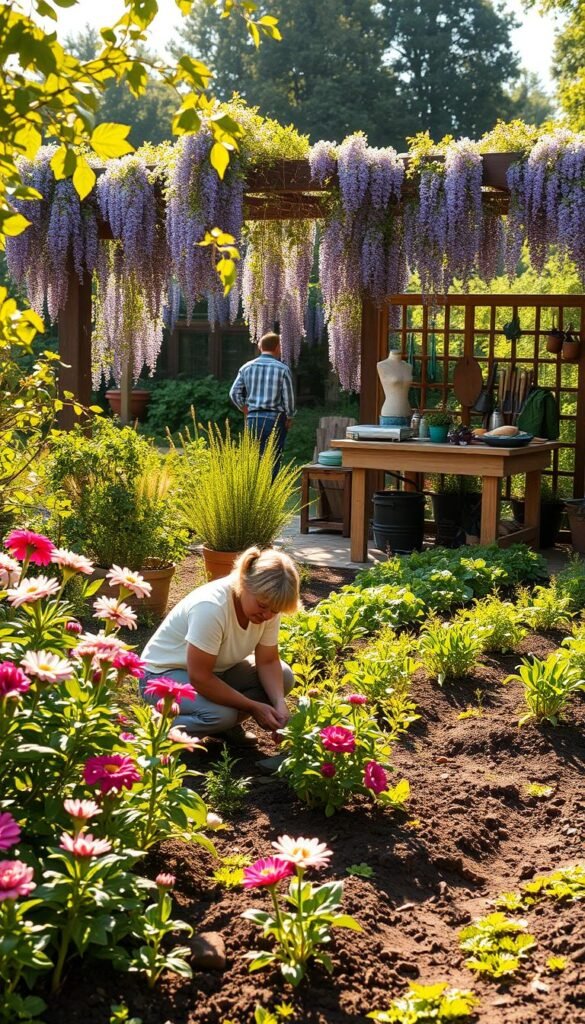 Vibrant seasonal gardening tasks unfold in a lush, sun-dappled landscape. In the foreground, a gardener kneels amidst blooming flowers, tending to the soil. Midground, a verdant vegetable patch bursts with ripening produce. In the background, a potting bench sits beneath a wisteria-draped pergola, tools and supplies neatly arranged. Warm, golden light filters through the foliage, casting gentle shadows and highlighting the textures of plants, soil, and wood. The scene conveys a sense of harmony, productivity, and the cyclical beauty of nature's rhythms.