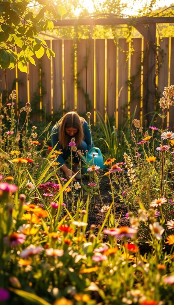 Vibrant summer garden in full bloom, lush with a variety of wildflowers, grasses, and flowering plants. In the foreground, a person crouches down, gently weeding and tending to the soil. Warm, golden sunlight filters through the leaves, casting a soft, natural glow. In the middle ground, a watering can sits nearby, ready to nourish the thirsty plants. The background features a wooden fence or trellis, entwined with trailing vines and flowers, creating a sense of depth and enclosure. The overall scene conveys a peaceful, harmonious atmosphere of seasonal garden care and maintenance.