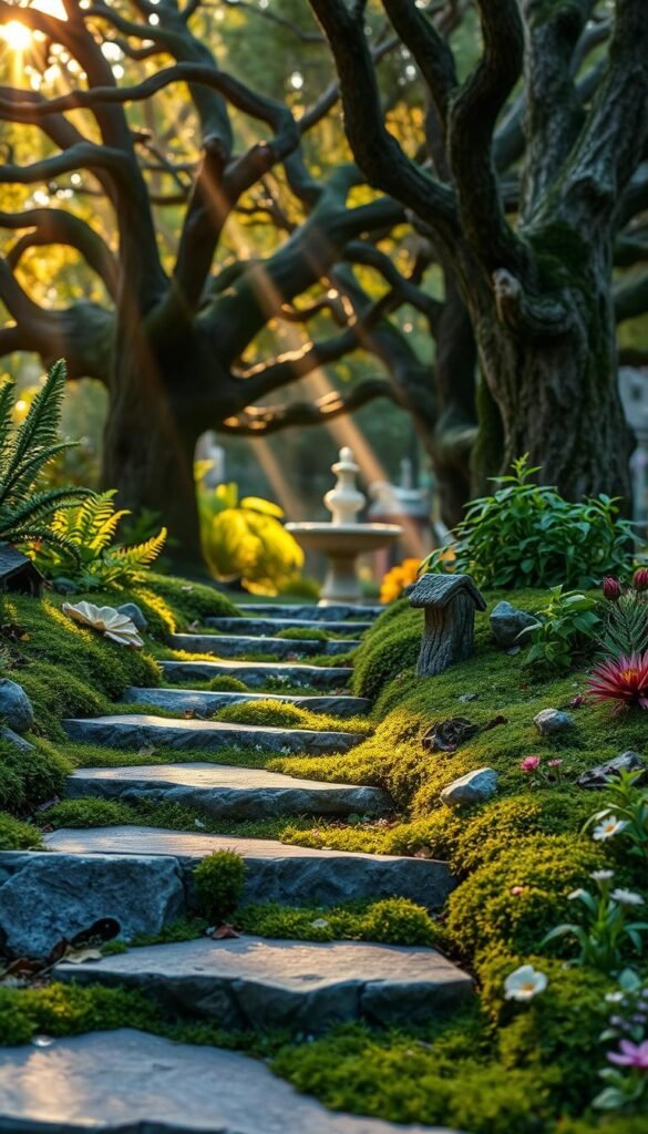 Whimsical DIY fairy garden steps leading through a lush, verdant landscape. In the foreground, weathered stone steps wind gracefully through a thriving bed of moss, ferns, and delicate wildflowers. Shafts of warm, golden light filter through the canopy of ancient, gnarled trees in the middle ground, casting a soft, magical glow. In the background, a tranquil birdbath fountain bubbles softly, its surface mirroring the tranquil scene. The overall atmosphere is one of enchantment, inviting the viewer to explore this enchanted, ethereal world.