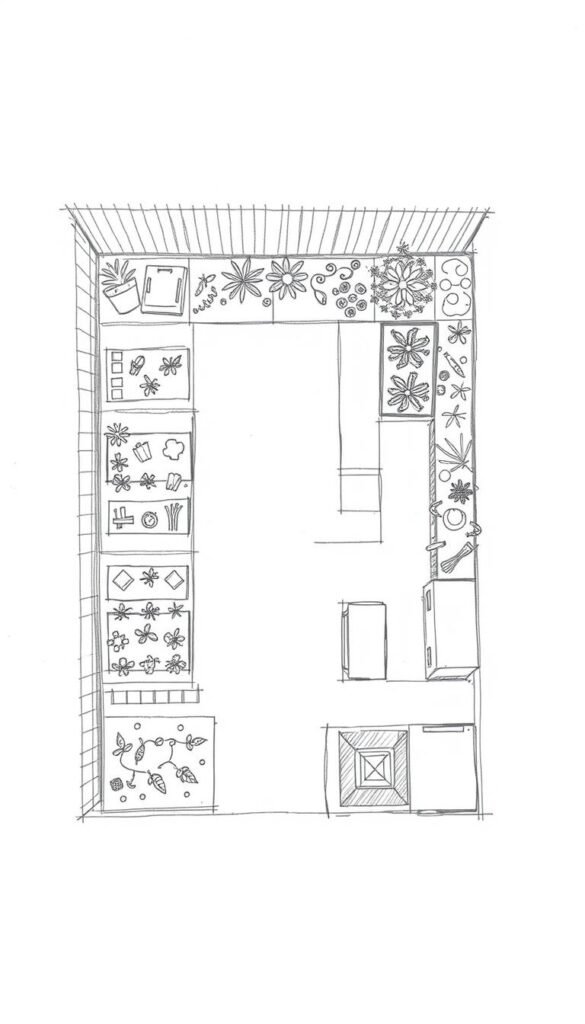 a backyard planning sketch with a detailed layout of a small urban garden, viewed from an overhead perspective, using a pencil-drawn style on a white background. The sketch includes a neat, organized grid layout with different garden beds, pathways, a small seating area, and a corner for a compost bin. The design is simple yet functional, with a focus on maximizing the use of the limited space. The sketch conveys a sense of thoughtful planning and attention to detail, with a clean, minimalist aesthetic that would appeal to urban homeowners looking to create a beautiful and productive small garden.