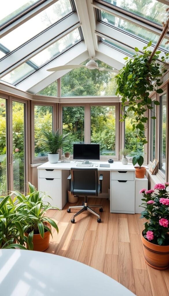 a cozy and well-lit garden office, with large windows and a skylight that flood the space with natural light. the office is situated in a lush, verdant garden, surrounded by thriving plants and flowers. the interior is stylishly furnished with a modern desk, ergonomic chair, and minimalist decor that promotes focus and productivity. the overall atmosphere is serene, inspiring, and conducive to creative work, with a seamless blend of indoor and outdoor elements. the camera angle captures the office from a slight overhead perspective, emphasizing the openness and connectivity to the natural surroundings.