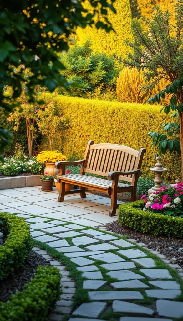 a cozy outdoor garden space with a sturdy wooden bench nestled in a lush, verdant setting. the bench is situated on a flagstone patio, surrounded by vibrant flower beds and neatly trimmed hedges. a few potted plants and small garden sculptures accent the area. the scene is illuminated by warm, golden natural lighting, creating a peaceful and inviting atmosphere. a winding stone path leads up to the bench, inviting visitors to sit and take in the tranquil garden view. the overall composition suggests a serene, relaxing oasis perfect for quiet contemplation or enjoying the beauty of the outdoors.