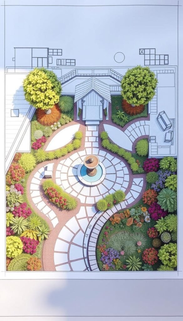 a detailed architectural blueprint for a personalized garden, featuring a central focal point such as a decorative fountain or gazebo, surrounded by lush, meticulously planned flower beds, winding stone pathways, and strategically placed seating areas. The blueprint showcases a harmonious blend of geometric and organic elements, with clean lines complementing the natural landscape. Vibrant colors, diverse foliage, and a warm, inviting atmosphere create a sense of tranquility and self-expression. Soft, natural lighting illuminates the scene, capturing the essence of a truly bespoke outdoor oasis tailored to the owner's unique preferences and lifestyle.