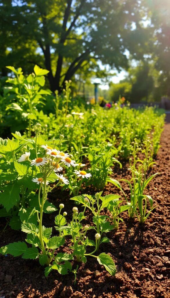 a lush, sun-dappled medicinal herb garden, the soil rich and loamy, with vibrant green plants thriving in the warm, golden light. Diverse leafy herbs and delicate flowers sway gently, their stems casting intricate shadows on the earthy ground. In the foreground, a cluster of fragrant chamomile blooms, their petals glowing ethereally. The mid-ground features a variety of herb seedlings, their tender leaves reaching towards the sky. In the background, a dense canopy of trees filters the sunlight, creating a serene, natural atmosphere. The scene is imbued with a sense of tranquility and the promise of bountiful harvests to come.