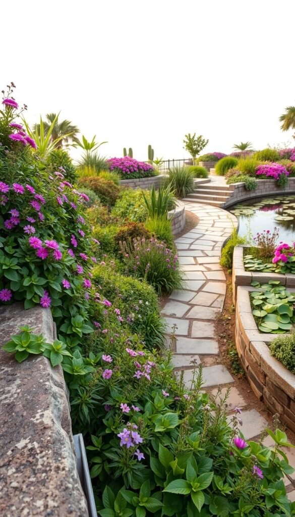 a lush, textured garden design with a harmonious blend of natural elements. in the foreground, a variety of lush, verdant plants and flowers in shades of green, purple, and pink cascade over a rustic stone wall. in the middle ground, a winding stone path leads through a gently sloping terrain, flanked by raised garden beds overflowing with vibrant blooms. in the background, a tranquil pond reflects the sky, its surface dotted with floating lily pads. the scene is bathed in warm, diffused lighting, creating a serene and inviting atmosphere. the overall composition evokes a sense of natural beauty and thoughtful curation, perfect for an urban oasis.