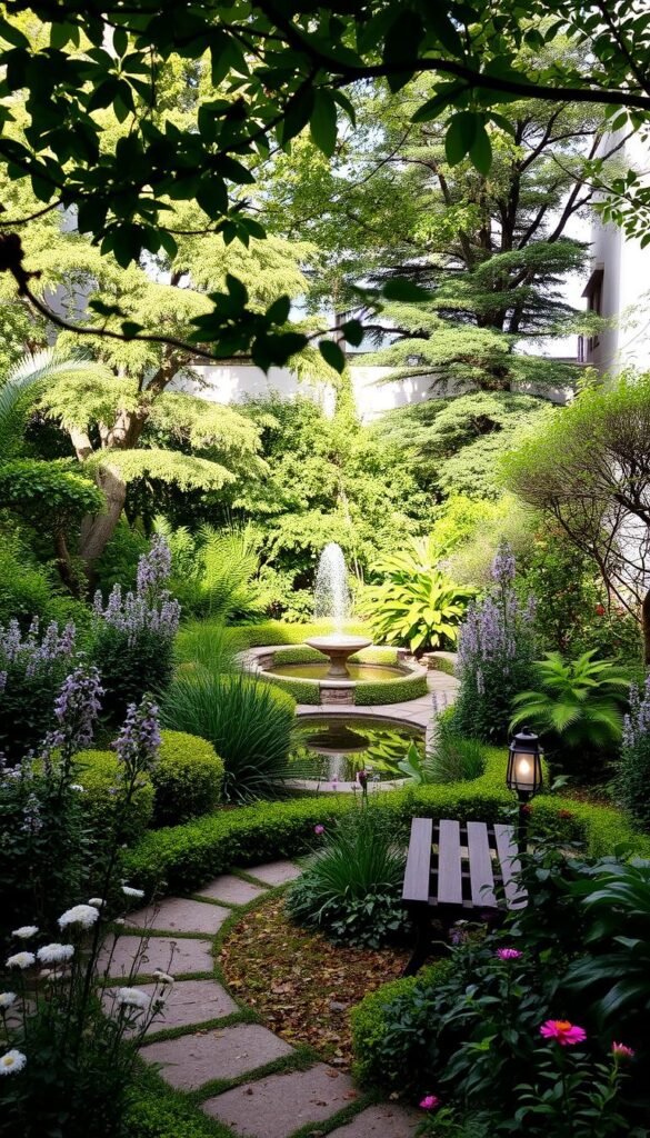 a lush, verdant courtyard garden with a tranquil pond and a selection of diverse plants, flowers, and trees that create a serene and inviting atmosphere. The foreground features a path winding through the garden, with delicate blooms and a welcoming bench. In the middle ground, a small, neatly maintained water feature reflects the surrounding foliage, creating a sense of tranquility. The background showcases a mix of mature trees and shrubs, casting gentle shadows and providing a natural, secluded ambiance. The lighting is soft and diffused, creating a warm and inviting glow throughout the scene. The overall composition evokes a sense of harmony, balance, and the restorative benefits of an urban private retreat.