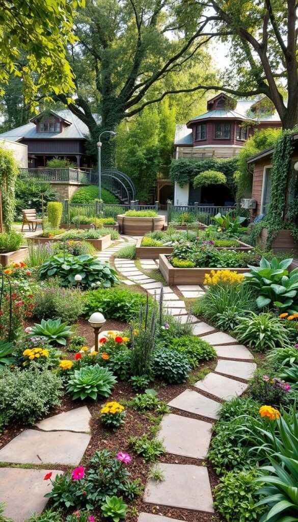 a lush, verdant garden layout in an urban setting, with diverse flora and whimsical design elements. in the foreground, a meandering stone pathway leads through a colorful array of flowers, shrubs, and small ornamental trees. the middle ground features raised garden beds overflowing with vegetables, herbs, and trailing vines. in the background, a mix of modern and rustic architectural elements create a harmonious backdrop, with dappled sunlight filtering through the canopy of mature trees. the scene exudes a sense of tranquility and creativity, showcasing how urban gardeners can overcome spatial constraints to cultivate thriving, multipurpose outdoor oases. shot with a wide-angle lens to capture the full scope of the layout, with a soft, natural lighting that enhances the organic, earthy tones.