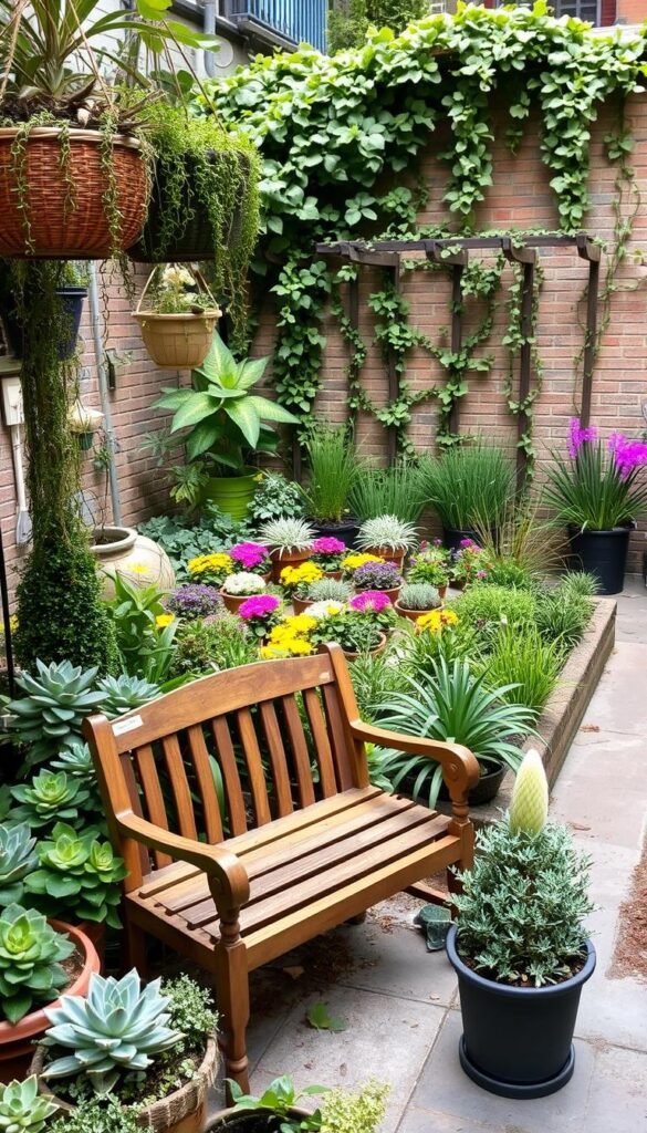 a lush, well-manicured small urban garden, featuring a variety of potted plants, succulents, and trailing vines cascading from hanging baskets. The foreground showcases a quaint, wooden bench nestled among the greenery, inviting relaxation. The middle ground includes neatly arranged flower beds, with a mix of colorful blooms and ornamental grasses. In the background, a charming trellis supports a climbing vine, adding depth and texture to the scene. The lighting is soft and warm, creating a cozy, inviting atmosphere. The camera angle is slightly elevated, capturing the garden's serene and well-designed layout.