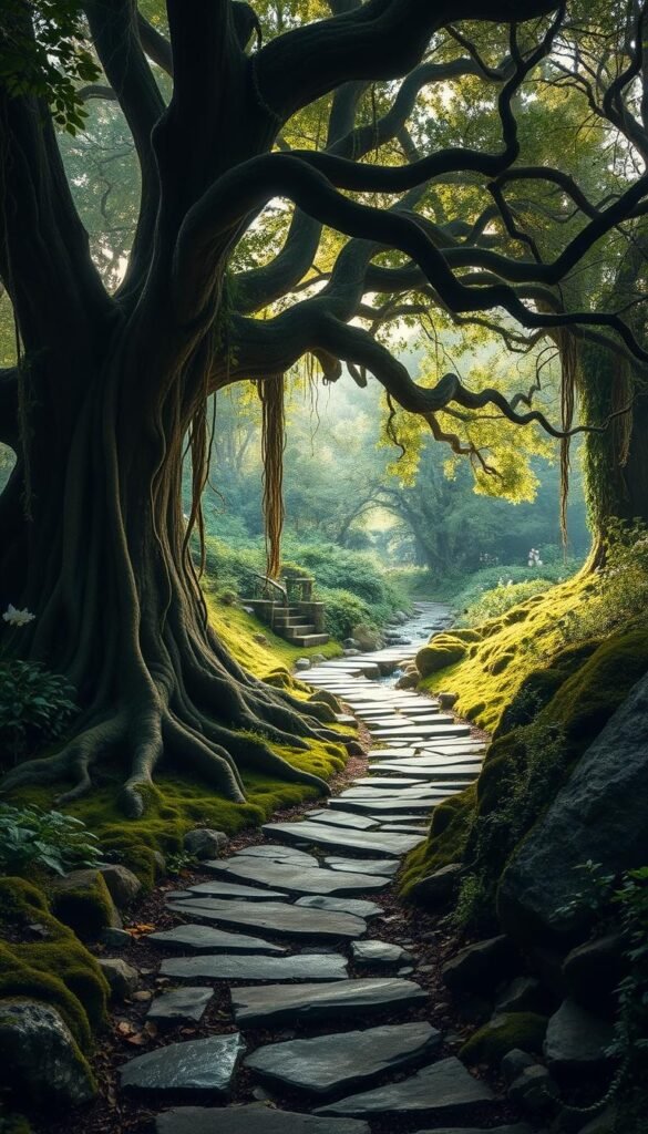 a mystical garden path winding through a lush, verdant landscape, flanked by towering, ancient trees with gnarled roots and cascading vines. The pathway is lined with weathered stone steps and moss-covered rocks, creating a sense of timeless enchantment. Soft, diffused lighting filters through the canopy, casting a warm, ethereal glow and creating a sense of tranquility. In the distance, a small, crystalline stream gently babbles, its waters reflecting the dappled light. The air is thick with the scent of blooming flowers and the earthy aroma of the forest. An atmosphere of quiet contemplation and connection with nature pervades the scene.
