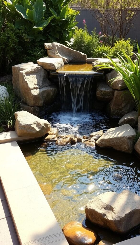 a serene water feature with a beautiful cascading waterfall as the focal point, surrounded by lush, verdant foliage and natural rock formations. The water glistens in the warm, golden sunlight, creating a tranquil and soothing ambiance. The layout is designed with clean lines and a modern aesthetic, seamlessly integrating the water feature into the overall garden design. The scene evokes a sense of peace and relaxation, inviting the viewer to pause and immerse themselves in the calming presence of the water.