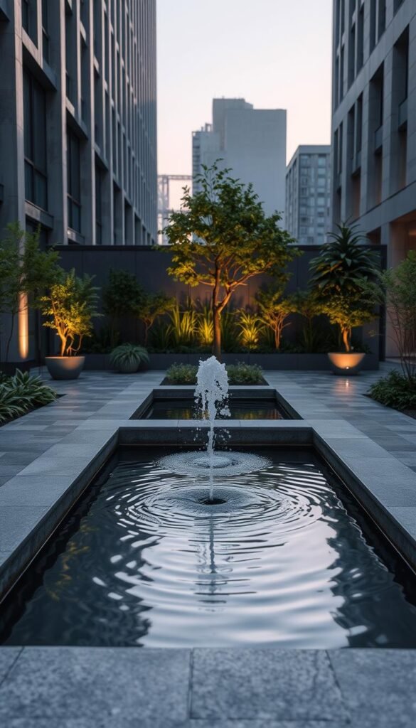 a sophisticated urban water feature design, showcasing a tranquil and reflective landscape in a city setting. the foreground depicts a minimalist stone-lined pool with a gentle fountain bubbling at the center, casting shimmering light patterns on the surrounding surfaces. the middle ground features lush greenery in the form of potted plants and small trees, adding a sense of natural serenity to the scene. the background presents a backdrop of modern, angular architecture, creating a harmonious blend of the natural and the man-made. the lighting is soft and diffused, evoking a calming, twilight ambiance. the overall composition aims to inspire a serene and restorative urban oasis.